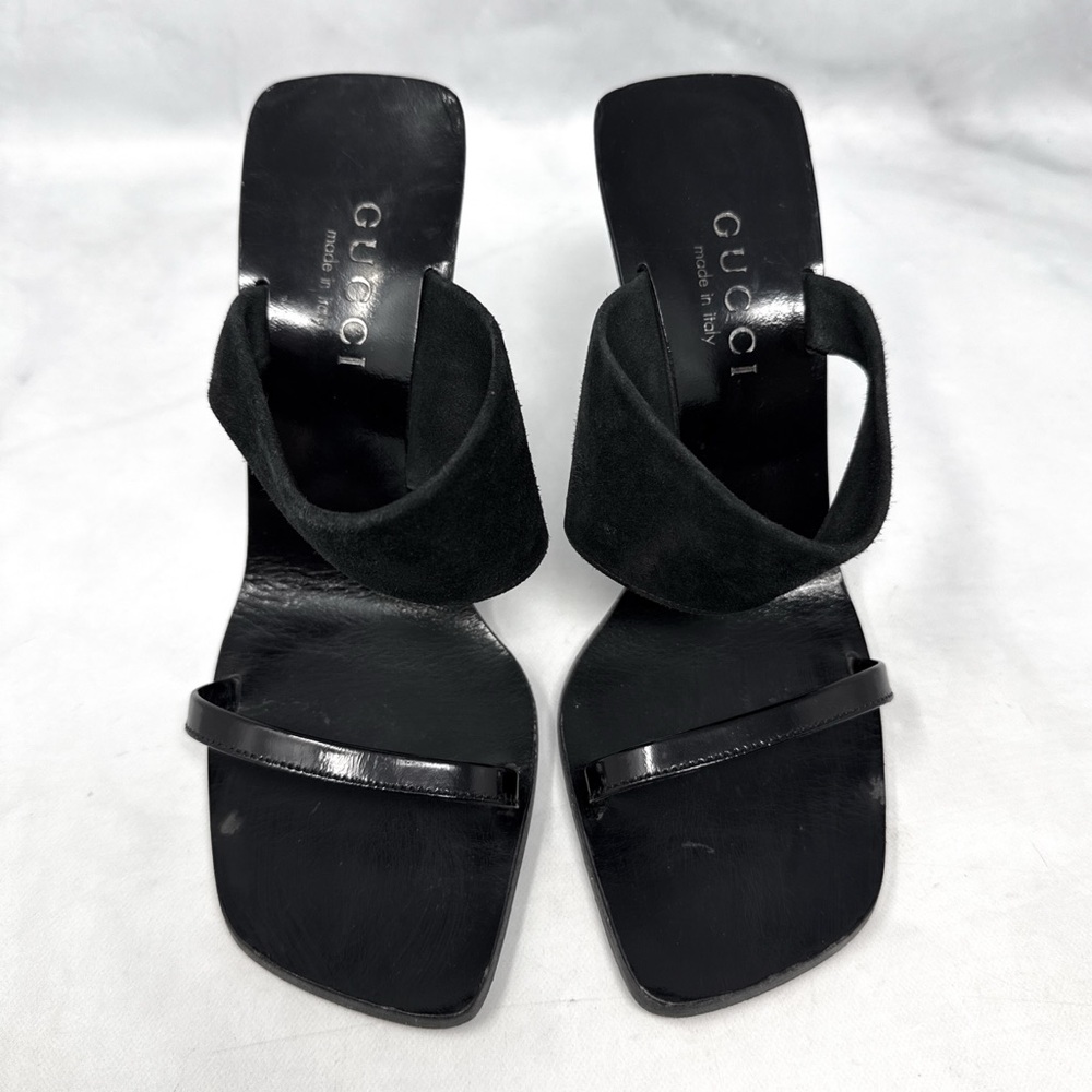 GUCCI Vintage Y2K Suede Square Open Toe Block Heel Slide Mule Sandals Black 6.5
